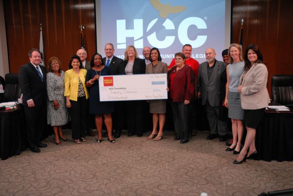 During the September 17, 2015 meeting of the HCC Board of Trustees, Wells Fargo Bank presented the HCC Foundation a check for $20,000 to fund scholarships for the HCC Bank Teller Training Program and to establish endowments across the district. 
