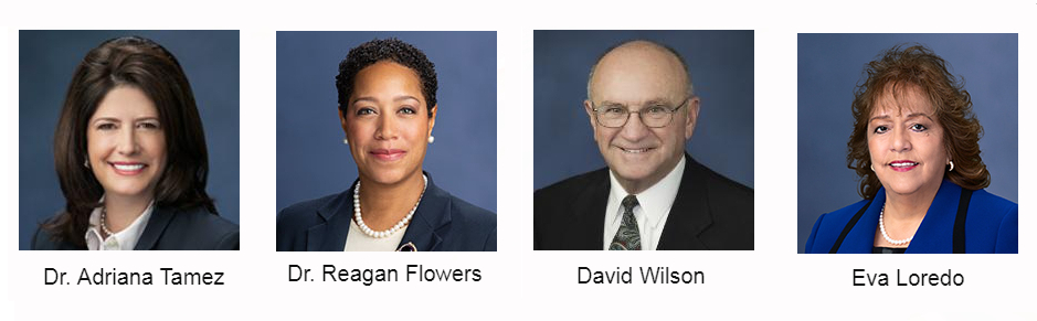 Headshots of HCC Board of Trustee members Dr. Adriana Tamez Dr. Reagan Flowers David Wilson Eva Loredo