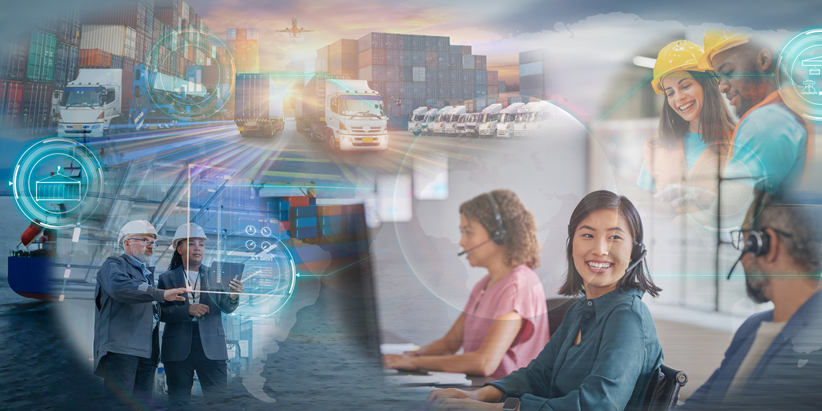 Collage of photos depicting groups of people performing supply chain management task