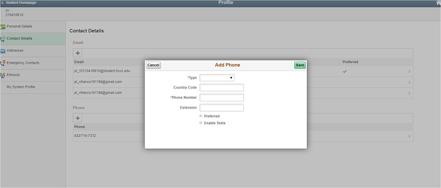 Student System Profle Contact Details Add Phone