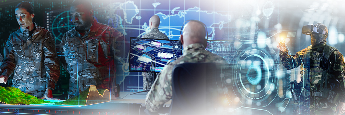 Military Personnel using computers in a command center