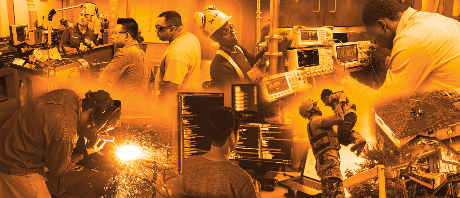 Collage of students working in welding, smart manufacturing, process technology and emergency rescue.